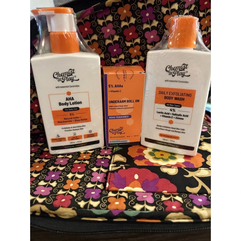 Chemist at Play Daily Set Exfoliating body wash, body lotion, and under arm roll